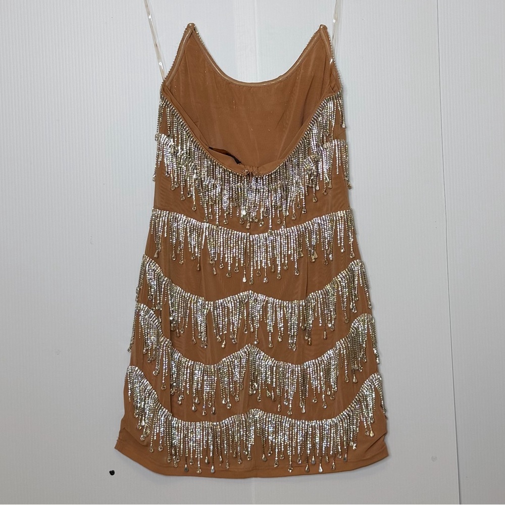 Nude Rhinestone Fringe Club Dress - Picture 3 of 5